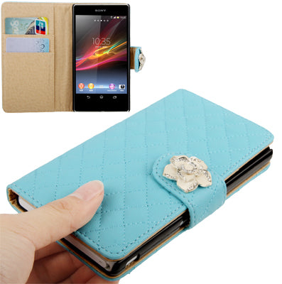 Plaid Texture Diamond Flower Button Flip Soft Leather Case with Credit Card Slots