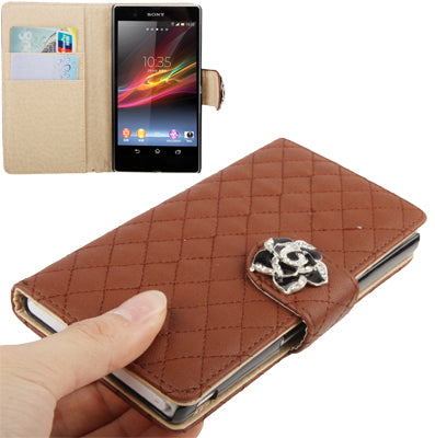 Plaid Texture Diamond Flower Button Flip Soft Leather Case with Credit Card Slots