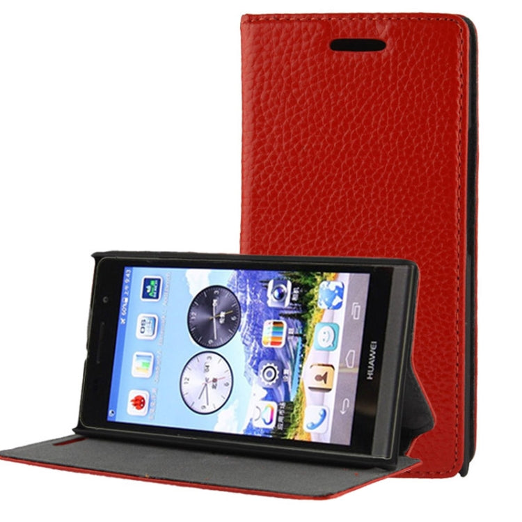 Litchi Texture Horizontal Flip Top-grain Leather Case with Holder for Huawei Ascend P6