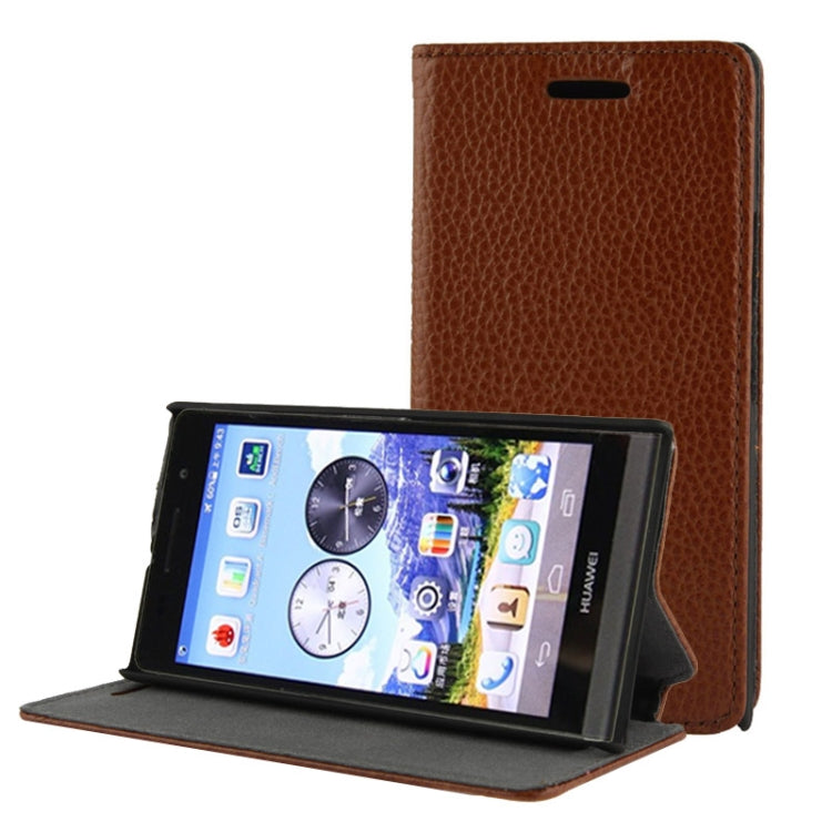 Litchi Texture Horizontal Flip Top-grain Leather Case with Holder for Huawei Ascend P6