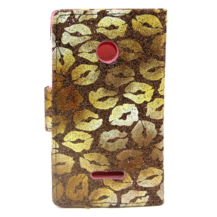 Golden Lips Pattern Flip Leather Case with Holder & Card Slots for Microsoft Lumia 435