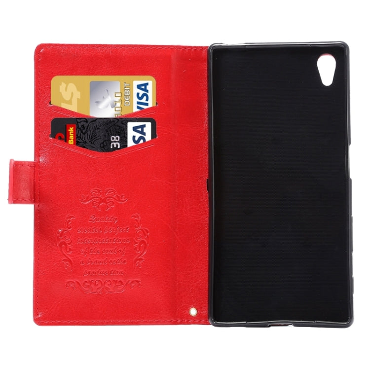 Lambskin Texture Words and Flowers Printing Horizontal Flip Solid Color Leather Case with Holder and Card Slots for Sony Xperia Z5 Premium / Plus