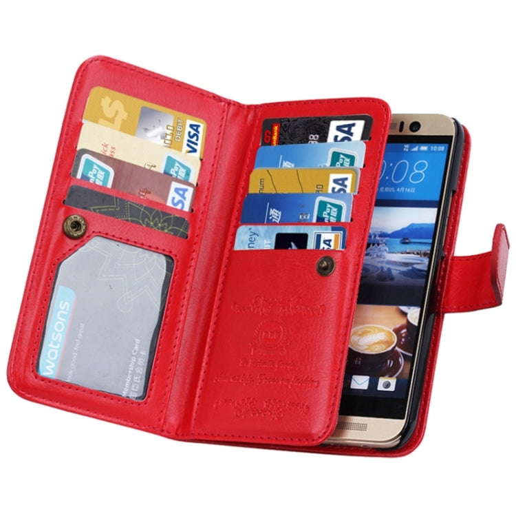 For HTC One M9 Multifunctional Crazy Horse Texture Horizontal Flip Solid Color Leather Case with Nine Card Slots & Wallet