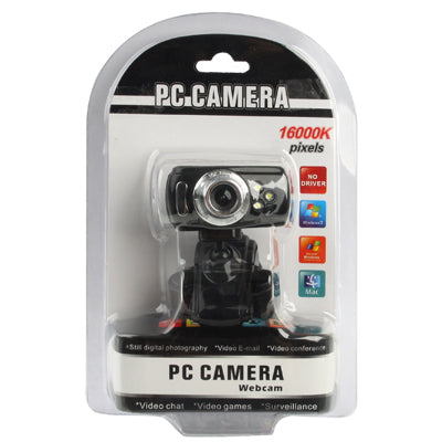 USB 2.0 16.0 Mega Pixels Driverless PC Camera with Mic and 3 LED, Support 360 Degree Rotated(Black)