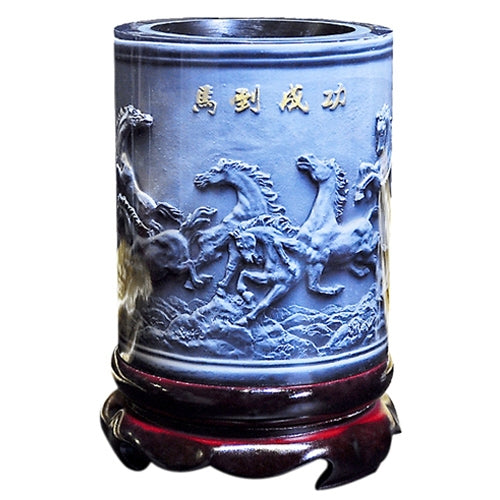 Top-grade Crystal Resin Material Eight Running Horses Embossed Pattern Ornaments Drum Shape Rotation Pen Holder