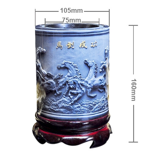 Top-grade Crystal Resin Material Eight Running Horses Embossed Pattern Ornaments Drum Shape Rotation Pen Holder