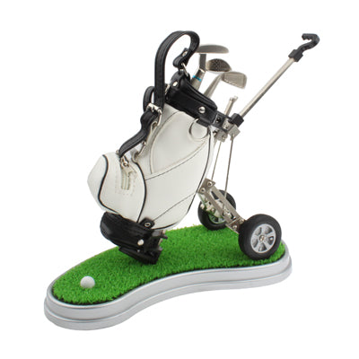 Synthetic Leather Golf Trolley Design Pen Holder with 3 Golf Gear Shaped Pens / Plastic Grass Mat