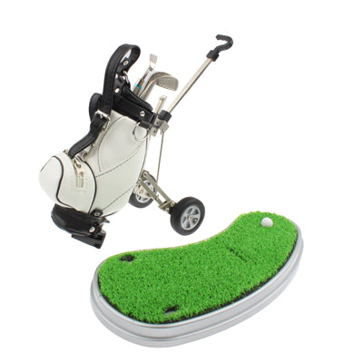 Synthetic Leather Golf Trolley Design Pen Holder with 3 Golf Gear Shaped Pens / Plastic Grass Mat