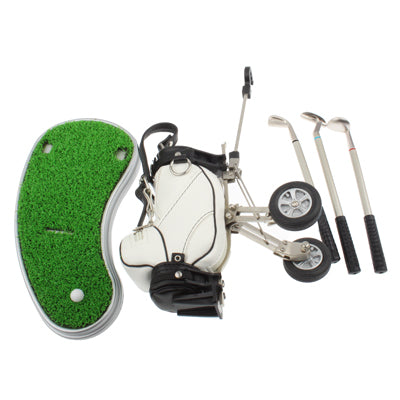 Synthetic Leather Golf Trolley Design Pen Holder with 3 Golf Gear Shaped Pens / Plastic Grass Mat