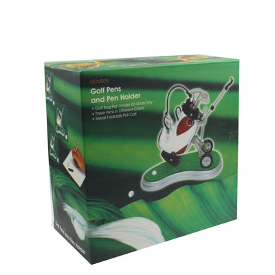 Synthetic Leather Golf Trolley Design Pen Holder with 3 Golf Gear Shaped Pens / Plastic Grass Mat