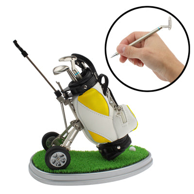 Synthetic Leather Golf Trolley Design Pen Holder with 3 Golf Gear Shaped Pens / Plastic Grass Mat