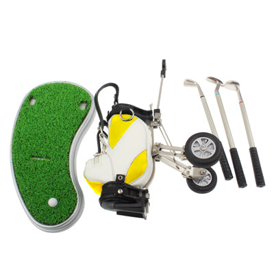 Synthetic Leather Golf Trolley Design Pen Holder with 3 Golf Gear Shaped Pens / Plastic Grass Mat
