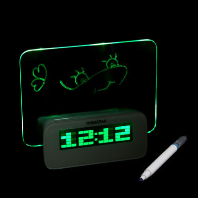 Green LED Light Message Board + LCD Screen Display Clock (Alarm / Temperature / Calendar / Birthday) with Fluorescence Pen(White)