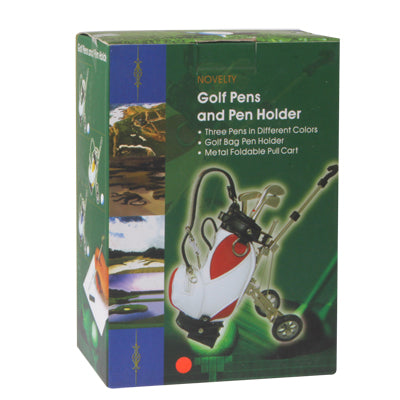 Synthetic Leather Golf Trolley Design Pen Holder with 3 Golf Gear Shaped Pens