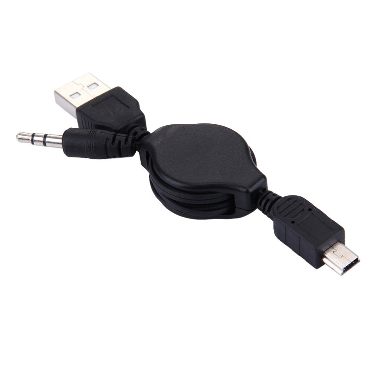 USB to 3.5mm AUX + Mini 5 Pin USB Retractable Cable for Portable Speaker, Length: 10cm (Can be Extended to 80cm), Black