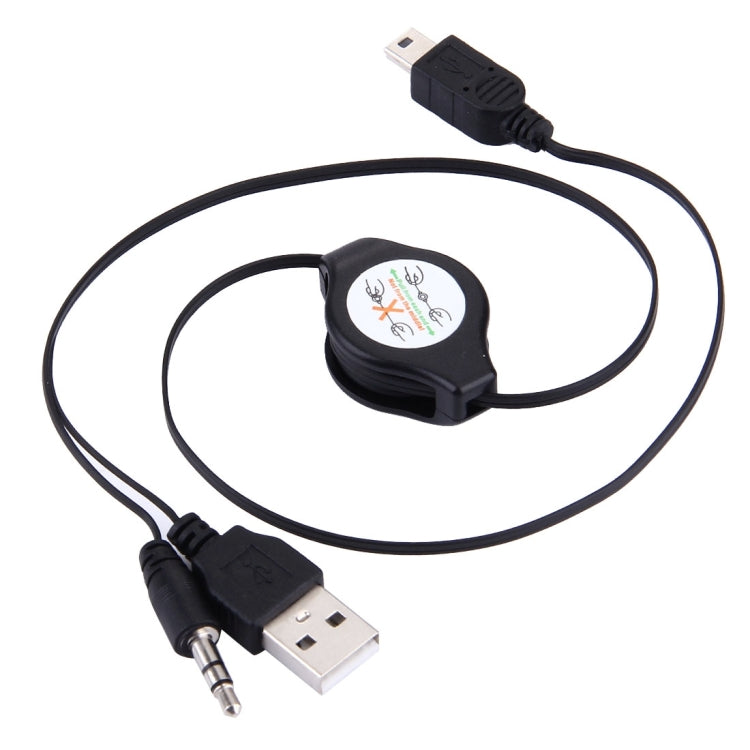 USB to 3.5mm AUX + Mini 5 Pin USB Retractable Cable for Portable Speaker, Length: 10cm (Can be Extended to 80cm), Black