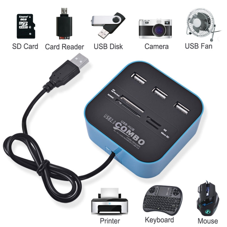 2 in 1 USB 2.0 M2 / TF / SD / MMC / MS / MS PRO DUO Card Reader & 3-port HUB