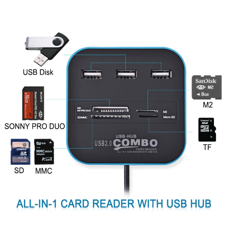 2 in 1 USB 2.0 M2 / TF / SD / MMC / MS / MS PRO DUO Card Reader & 3-port HUB