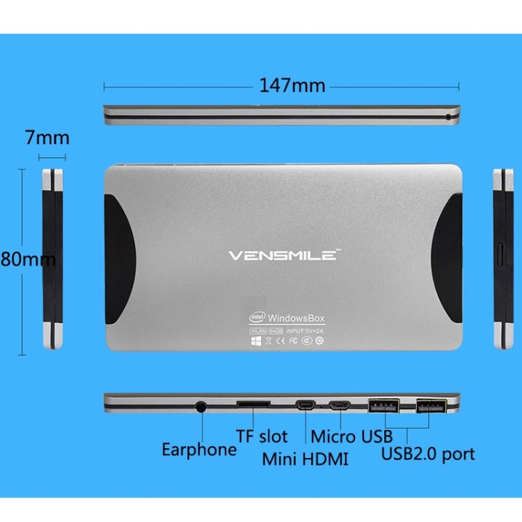 VENSMILE W10 Mini PC, Intel Bay Trail CR, Z3735F CPU, ROM: 64GB, RAM: 2GB, Support Windows 8.1, Bluetooth, WiFi(Silver)