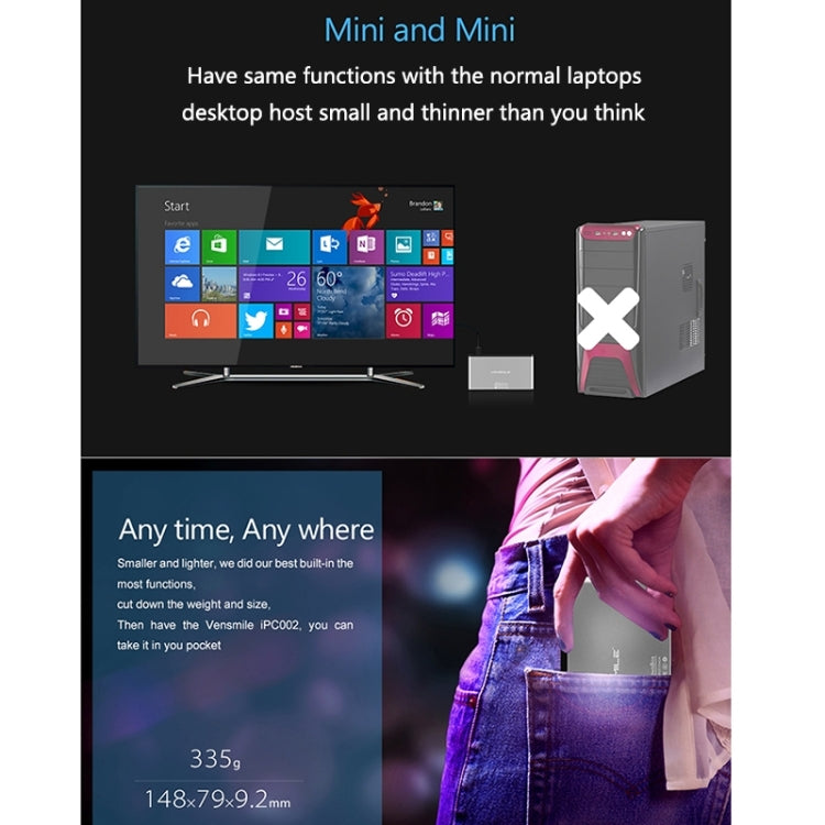 VENSMILE iPC002 Mini PC, Intel Bay Trail CR, Z3735F CPU, ROM: 32GB, RAM: 2GB, Support Windows 8.1, Bluetooth, WiFi(Silver)
