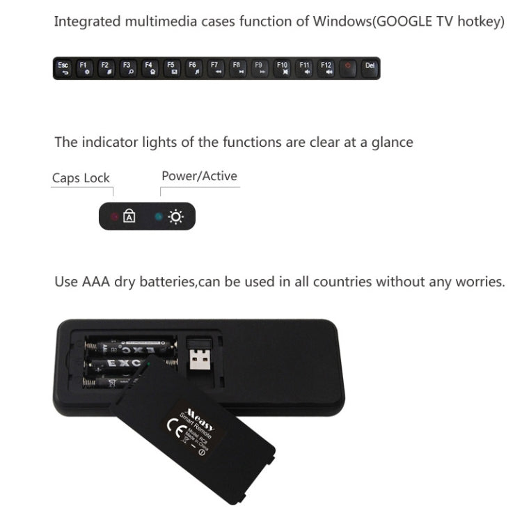 Measy RC8 3-in-1 Ultra Mini 2.4G Remote Control USB Wireless Keyboard Touchpad Air Fly Mouse for Mini PC Android TV Box(Black)