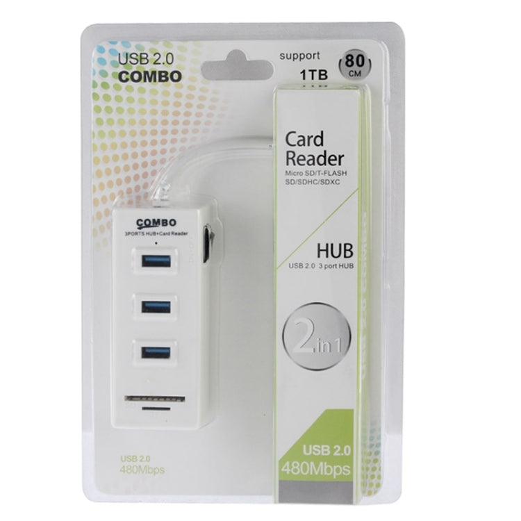 2 in 1 USB 2.0 TF/SD Card Reader & 3-port HUB, Cable Length: 80cm