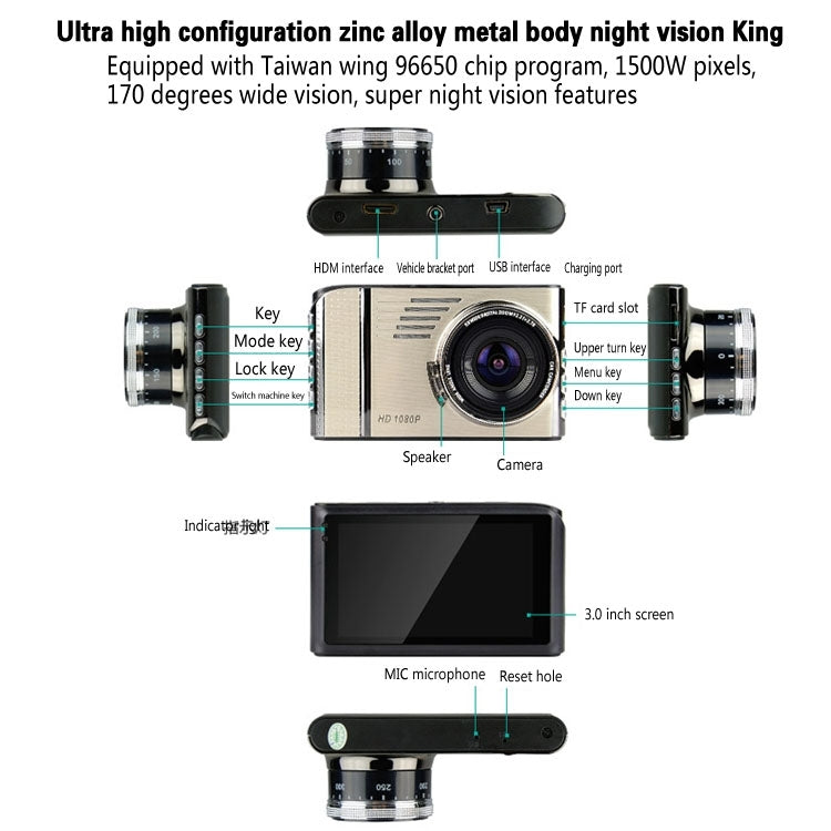 GEBITE G685 Full HD 1080P 3.0 inch Screen Display Vehicle DVR, 170 Degree Wide Angle Viewing, Support Loop Recording / Motion Detection / Parking Guard / Lock Screen Function / Night Vision / G-sensor / HDMI Output