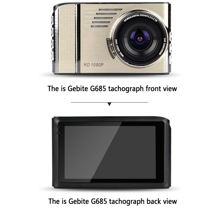 GEBITE G685 Full HD 1080P 3.0 inch Screen Display Vehicle DVR, 170 Degree Wide Angle Viewing, Support Loop Recording / Motion Detection / Parking Guard / Lock Screen Function / Night Vision / G-sensor / HDMI Output