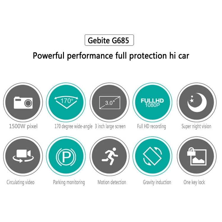 GEBITE G685 Full HD 1080P 3.0 inch Screen Display Vehicle DVR, 170 Degree Wide Angle Viewing, Support Loop Recording / Motion Detection / Parking Guard / Lock Screen Function / Night Vision / G-sensor / HDMI Output