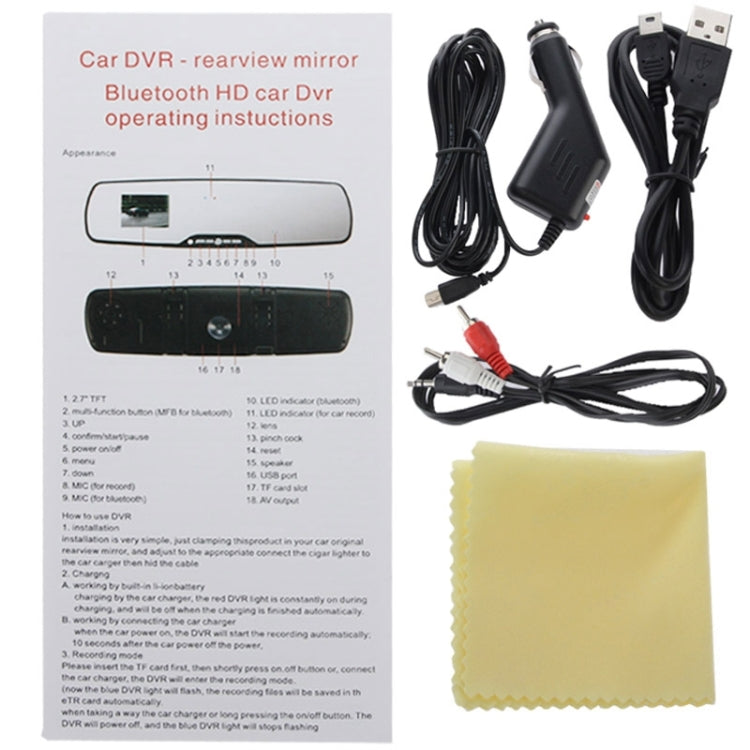 Full HD Rearview Mirror 2.7 inch TFT LCD Screen Bluetooth Car DVR with Mic, Support Motion Detection / Night Vision