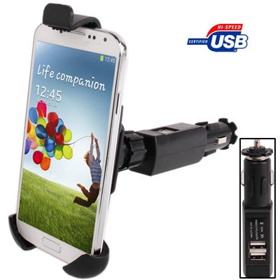 Universal 360 Degree Rotation Car Mount with Dual USB Charger for Galaxy S IV / i9500 / i9300 / iPhone 4 & 4S / 3GS / Smart Phone, Height: 110-145mm(Black)