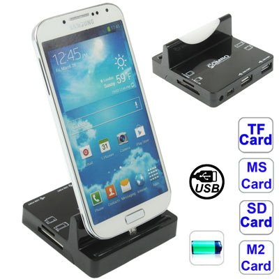 All in 1 Read Card + 2 Ports USB 2.0 HUB Dock Charger Adapter for Galaxy S IV / i9500 / i9300 / Note II / N7100 / Micro USB Smart Phone, Support SD / TF / MS/ M2 Card