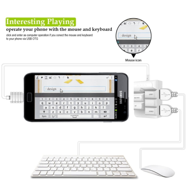 K619 2 in 1 Micro USB OTG HUB SD(HC)/TF Smart Card Reader 2 Ports USB HUB for Galaxy S6 / S5 / Note 5 / Note 4 / Note III / Android Phone