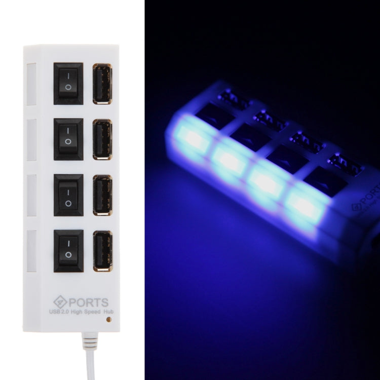 4 Ports USB Hub 2.0 USB Splitter High Speed 480Mbps with ON/OFF Switch, 4 LED(White)