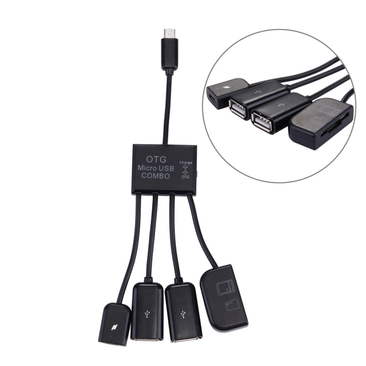 17cm Micro USB Male to Micro USB Female & Dual USB 2.0 Female & SD(HC)/TF Smart Card Reader OTG Charge HUB Cable for Galaxy S3/S4/S5/S6, Tab 3 8.0, Sony Xperia NX-02D/ Acro HD / S Series, Android Phone(Black)