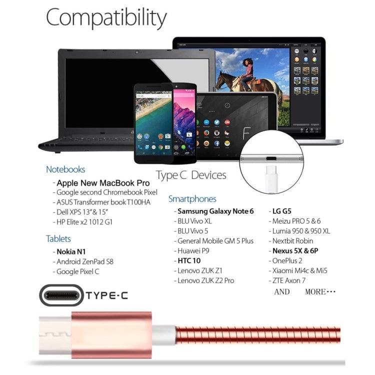 1m USB-C / Type-C 3.1 Male to USB 2.0 Male Data Sync Charging Metal Wire Spring Cable, For Galaxy S8 & S8 + / LG G6 / Huawei P10 & P10 Plus / Xiaomi Mi6 & Max 2 and other Smartphones