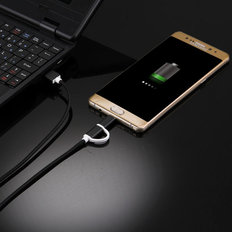 1m 2A Woven Style Metal Head 2 in 1 Type C & Micro USB to USB Data / Charger Cable,