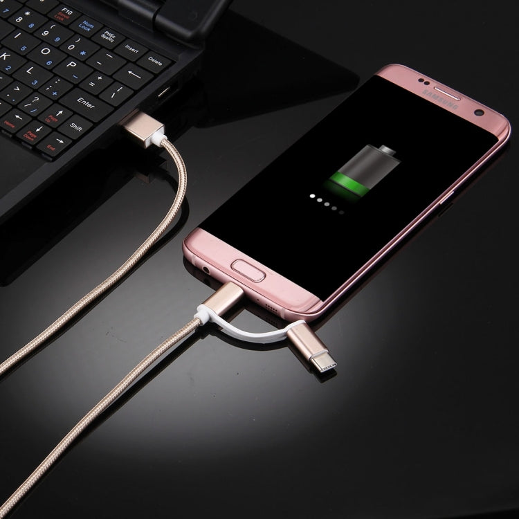 1m 2A Woven Style Metal Head 2 in 1 Type C & Micro USB to USB Data / Charger Cable,