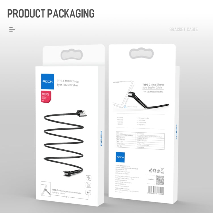 ROCK 1.2m USB to Type-C Metal Weave Style Fast Charging & Sync Bracket Data Cable, For Galaxy, Huawei, Xiaomi, LG, HTC and Other Smart Phones(Black)