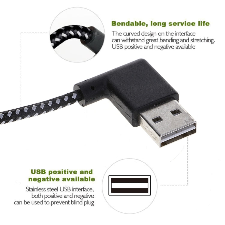 3m 2A USB to Micro USB Weave Style Double Elbow Data Sync Charging Cable, For Samsung / Huawei / Xiaomi / Meizu / LG / HTC(Black)