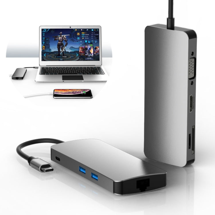 Basix T8 8 in 1 USB-C / Type-C to USB2.0x2 Type-Cx1 HUB Adapter with HDMI Output, SD Card Reader,Micro SD, RJ45, VGA for Type-C Channel Computers and Phones(Grey)