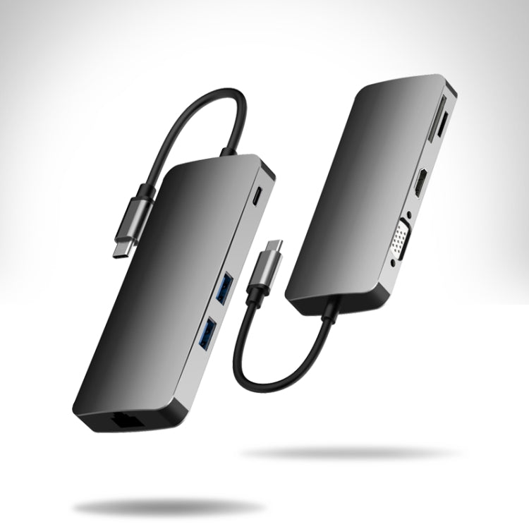 Basix T8 8 in 1 USB-C / Type-C to USB2.0x2 Type-Cx1 HUB Adapter with HDMI Output, SD Card Reader,Micro SD, RJ45, VGA for Type-C Channel Computers and Phones(Grey)