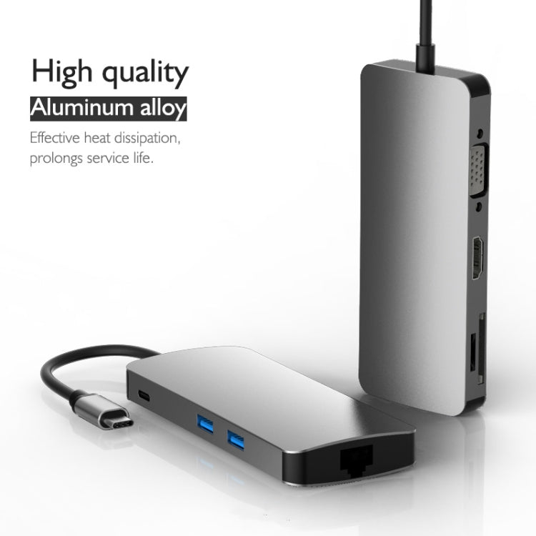 Basix T8 8 in 1 USB-C / Type-C to USB2.0x2 Type-Cx1 HUB Adapter with HDMI Output, SD Card Reader,Micro SD, RJ45, VGA for Type-C Channel Computers and Phones(Grey)
