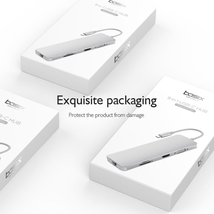 Basix T9 9 in 1 USB-C / Type-C to USB3.0x3 Type-Cx1 HUB Adapter with HDMI Output, SD Card Reader,Micro SD, RJ45, VGA for Type-C Channel Computers and Phones(Grey)