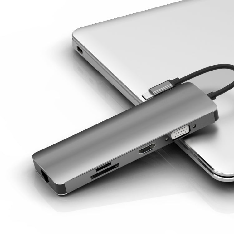 Basix T9 9 in 1 USB-C / Type-C to USB3.0x3 Type-Cx1 HUB Adapter with HDMI Output, SD Card Reader,Micro SD, RJ45, VGA for Type-C Channel Computers and Phones(Grey)