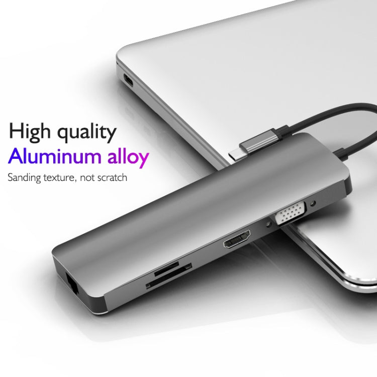 Basix T9 9 in 1 USB-C / Type-C to USB3.0x3 Type-Cx1 HUB Adapter with HDMI Output, SD Card Reader,Micro SD, RJ45, VGA for Type-C Channel Computers and Phones(Grey)