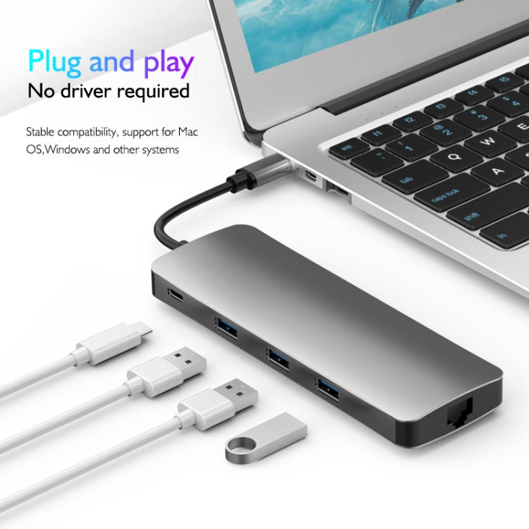 Basix T9 9 in 1 USB-C / Type-C to USB3.0x3 Type-Cx1 HUB Adapter with HDMI Output, SD Card Reader,Micro SD, RJ45, VGA for Type-C Channel Computers and Phones(Grey)