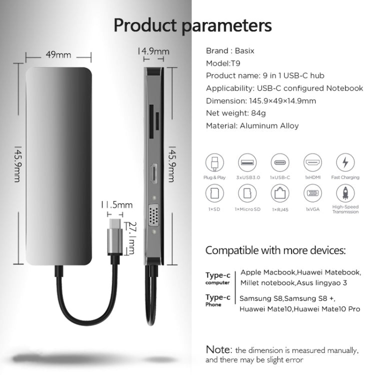 Basix T9 9 in 1 USB-C / Type-C to USB3.0x3 Type-Cx1 HUB Adapter with HDMI Output, SD Card Reader,Micro SD, RJ45, VGA for Type-C Channel Computers and Phones(Grey)