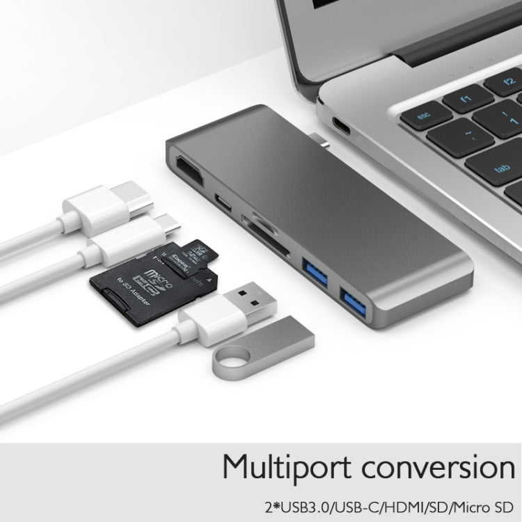 Basix T6 6 in 1 USB-C / Type-C to USB3.0x2 Type-Cx1 HUB Adapter with HDMI Output, SD Card Reader,Micro SD for Type-C Channel Computers and Phones(Grey)