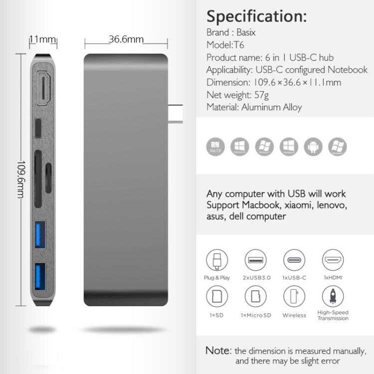 Basix T6 6 in 1 USB-C / Type-C to USB3.0x2 Type-Cx1 HUB Adapter with HDMI Output, SD Card Reader,Micro SD for Type-C Channel Computers and Phones(Grey)